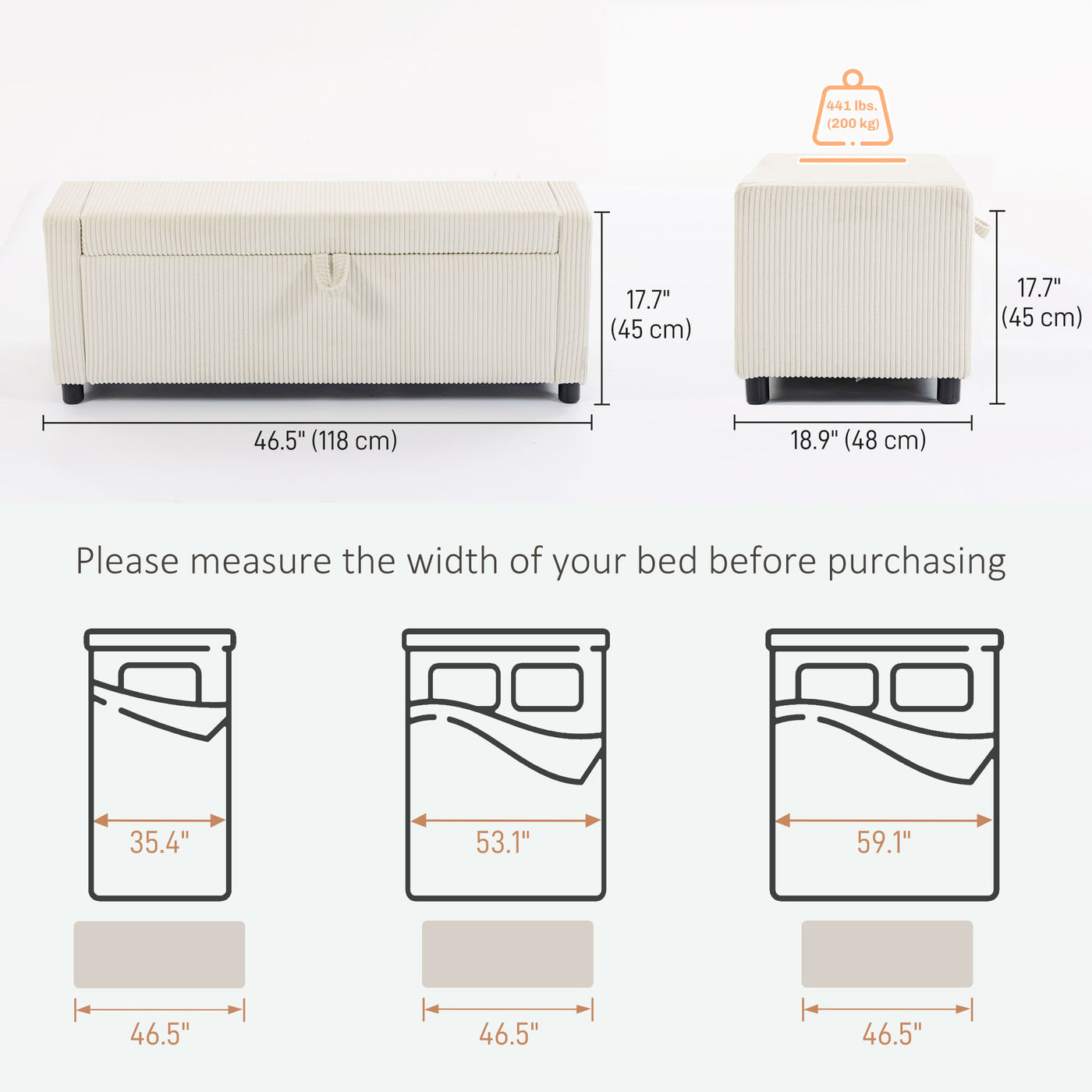 Storage Ottoman, Upholstered Corduroy End of Bed Bench with Thick Padding, Storage Bench for Bedroom, Beige
