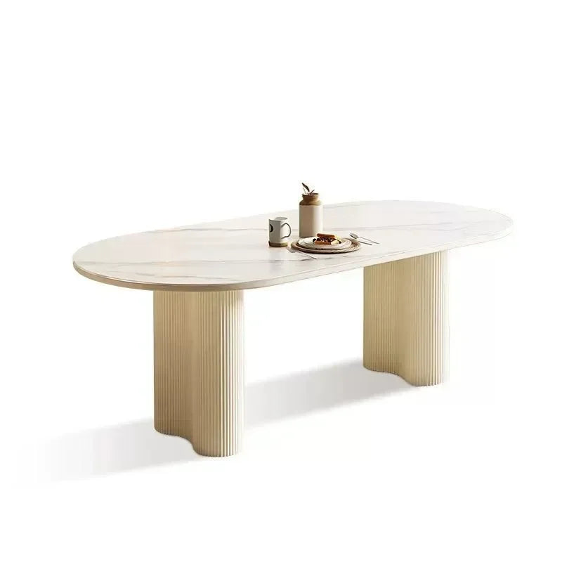 Nordic Minimalist Cream White Oval Sintered Stone Dining Table Set 6 Chairs Marble Restaurant Table Chair Dining Room Furniture