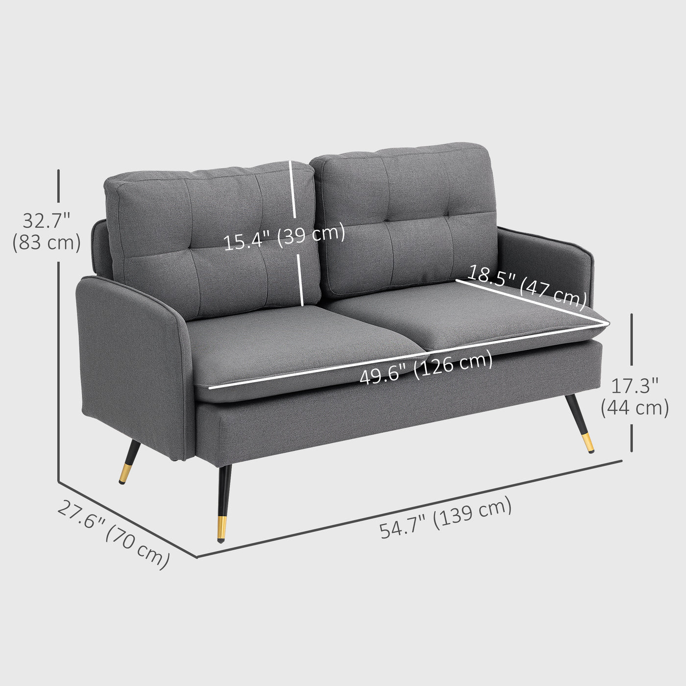 55" Loveseat Sofa, Linen Love Seat w/ S spring, Steel Legs and Button Tufting, Small Couch for Living Room, Dark Grey
