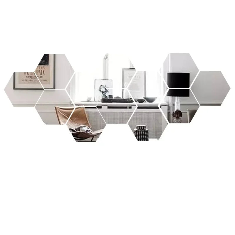 6/12pc Hexagon Mirror Wall Stickers 3D DIY Acrylic Mirror Sticker Self Adhesive Decals Removable Living Room Bathroom Home Decor