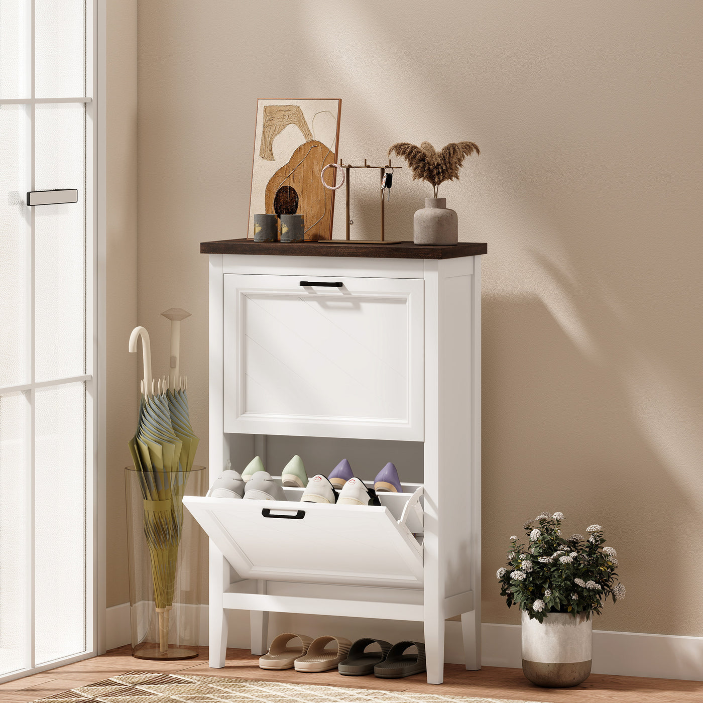 Shoe Cabinet with 2 Flip Drawers, Farmhouse Narrow Shoe Storage Cabinet with Adjustable Shelves, White