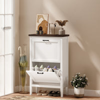 Shoe Cabinet with 2 Flip Drawers, Farmhouse Narrow Shoe Storage Cabinet with Adjustable Shelves, White