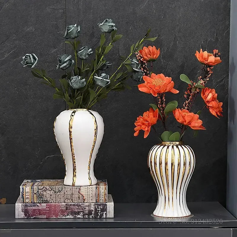 Electroplated Gold Edged White Vase Creative Ceramic Home Desktop Living Room Dining Table Art Decoration Flower Arrangement 1Pc