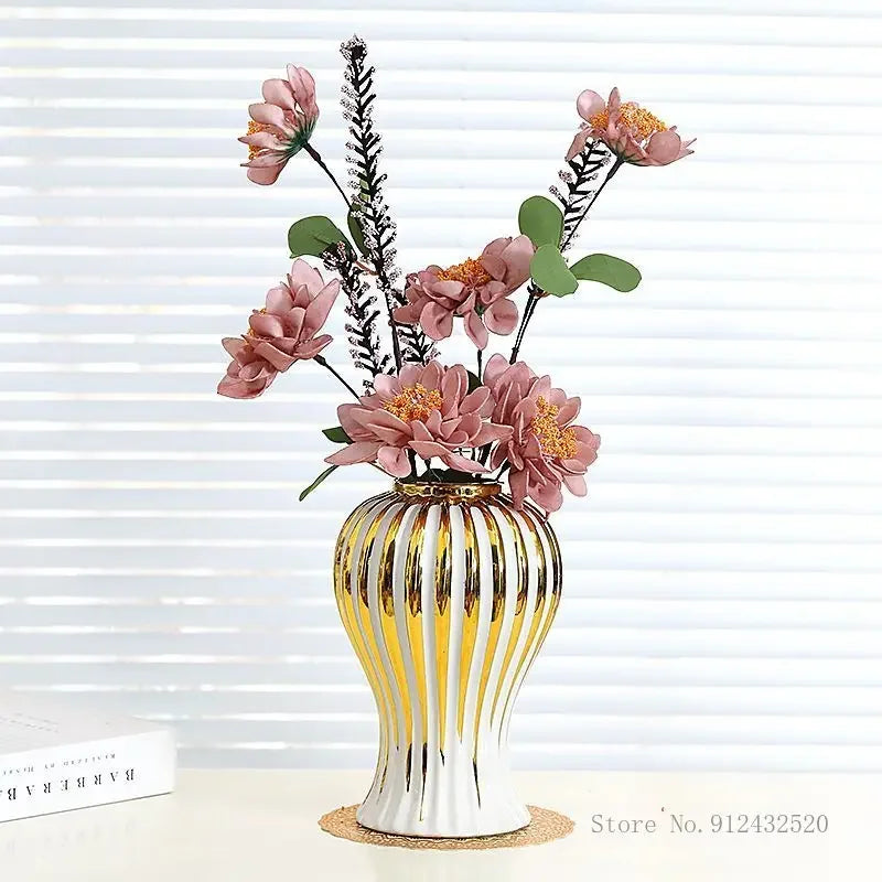 Electroplated Gold Edged White Vase Creative Ceramic Home Desktop Living Room Dining Table Art Decoration Flower Arrangement 1Pc