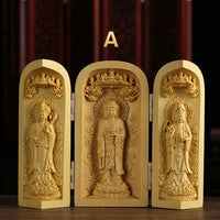 1Pc Exquisite Boxwood Carving Guanyin Buddha Statue Western Sansheng Wood Carving Crafts Home Decoration