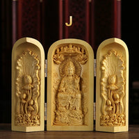 1Pc Exquisite Boxwood Carving Guanyin Buddha Statue Western Sansheng Wood Carving Crafts Home Decoration