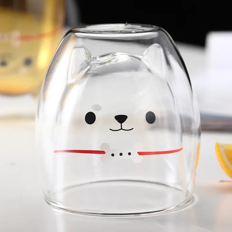 250ML Double Glass Cup Coffee Mug Bear Cat Dog Animal Transparent Cute Milk Juice Tea Drinking Cups Birthday Party Wine Glasses
