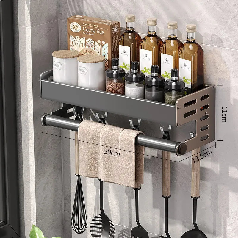 Gunmetal Kitchen Storage Rack - Space Aluminum No-Drill Wall Mounted Multi-Functional Organizer for Spices and Knives