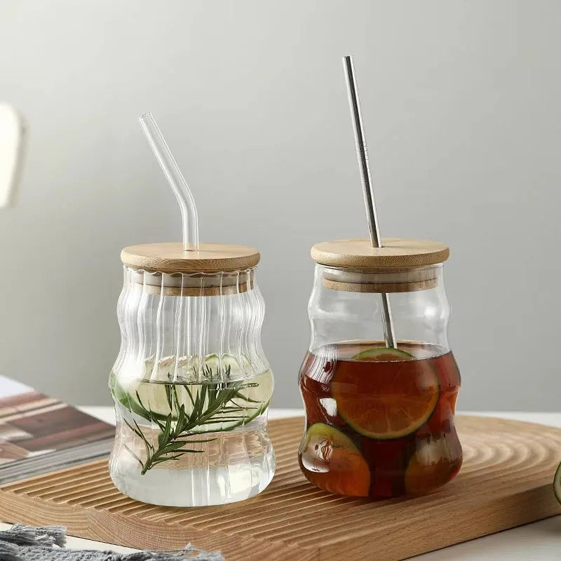 YWDL 1/2pcs 500ml Glass Tumblers Cups With Straw Mason Jar Clear Juice Coffee Milk Cup With Bamboo Lids Drinkware