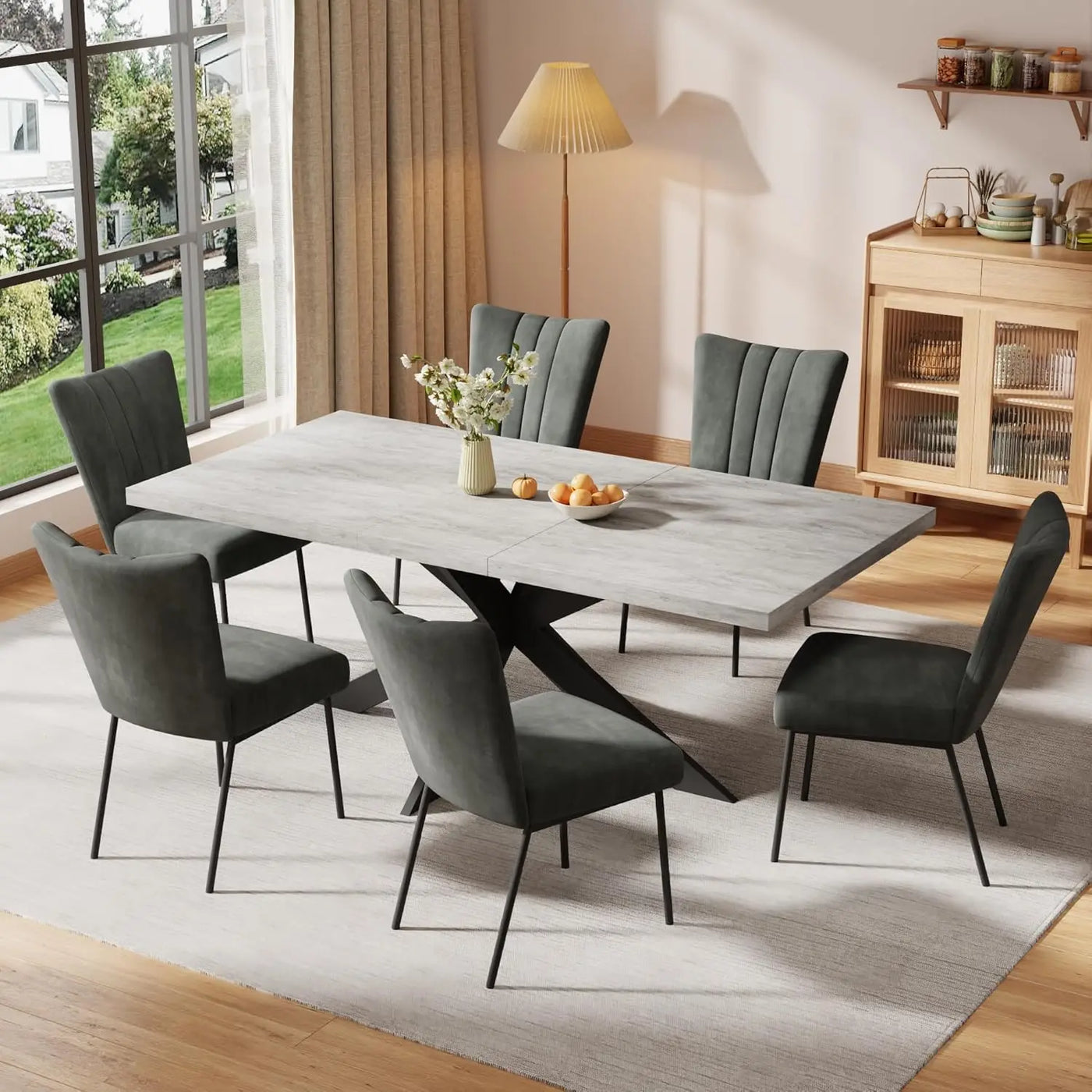6-Piece Extendable Dining Table Set, Modern 51''–67'' Grey Wood Table with 6 Black Fabric Chairs, Dining Room Table, Customized