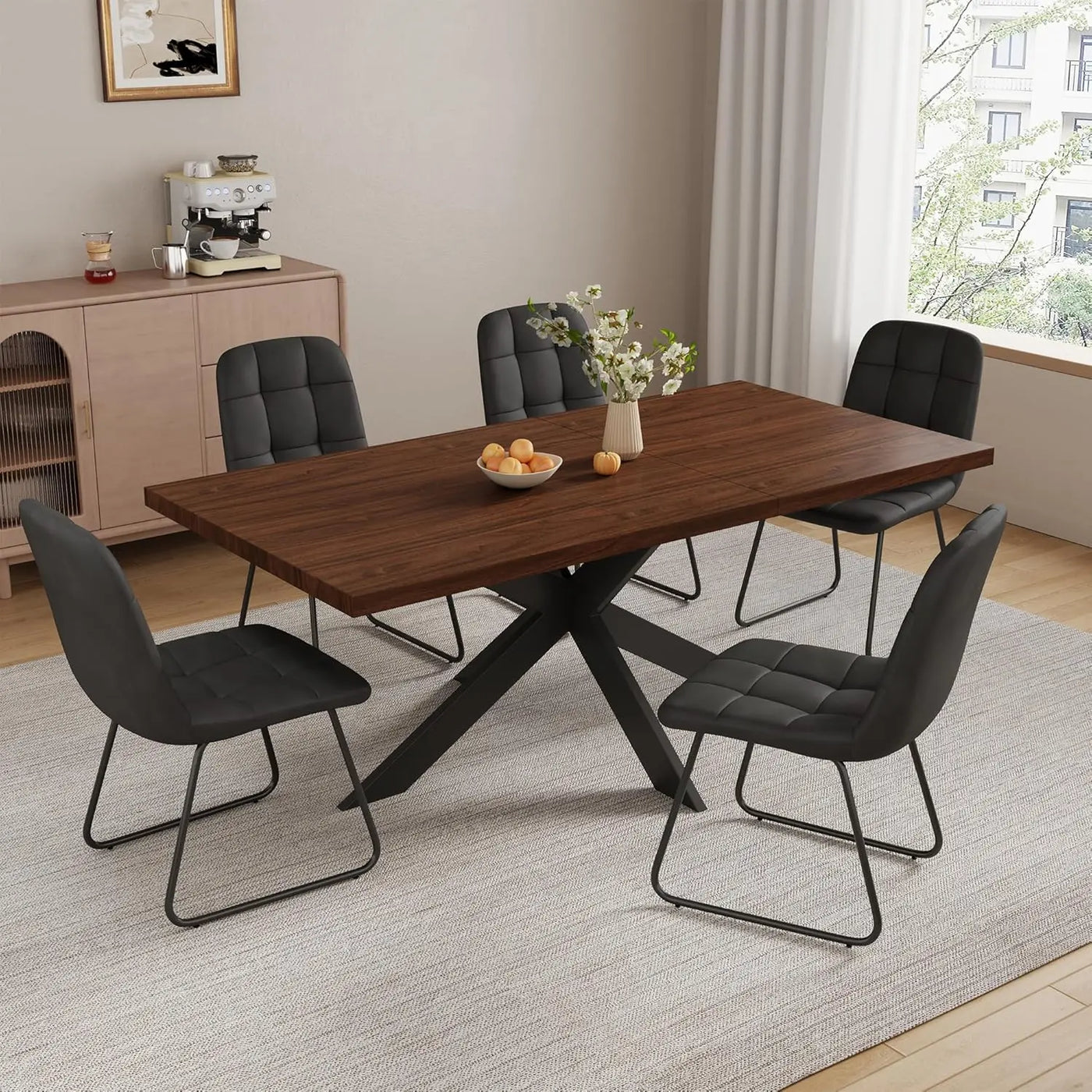 6-Piece Extendable Dining Table Set, Modern 51''–67'' Grey Wood Table with 6 Black Fabric Chairs, Dining Room Table, Customized