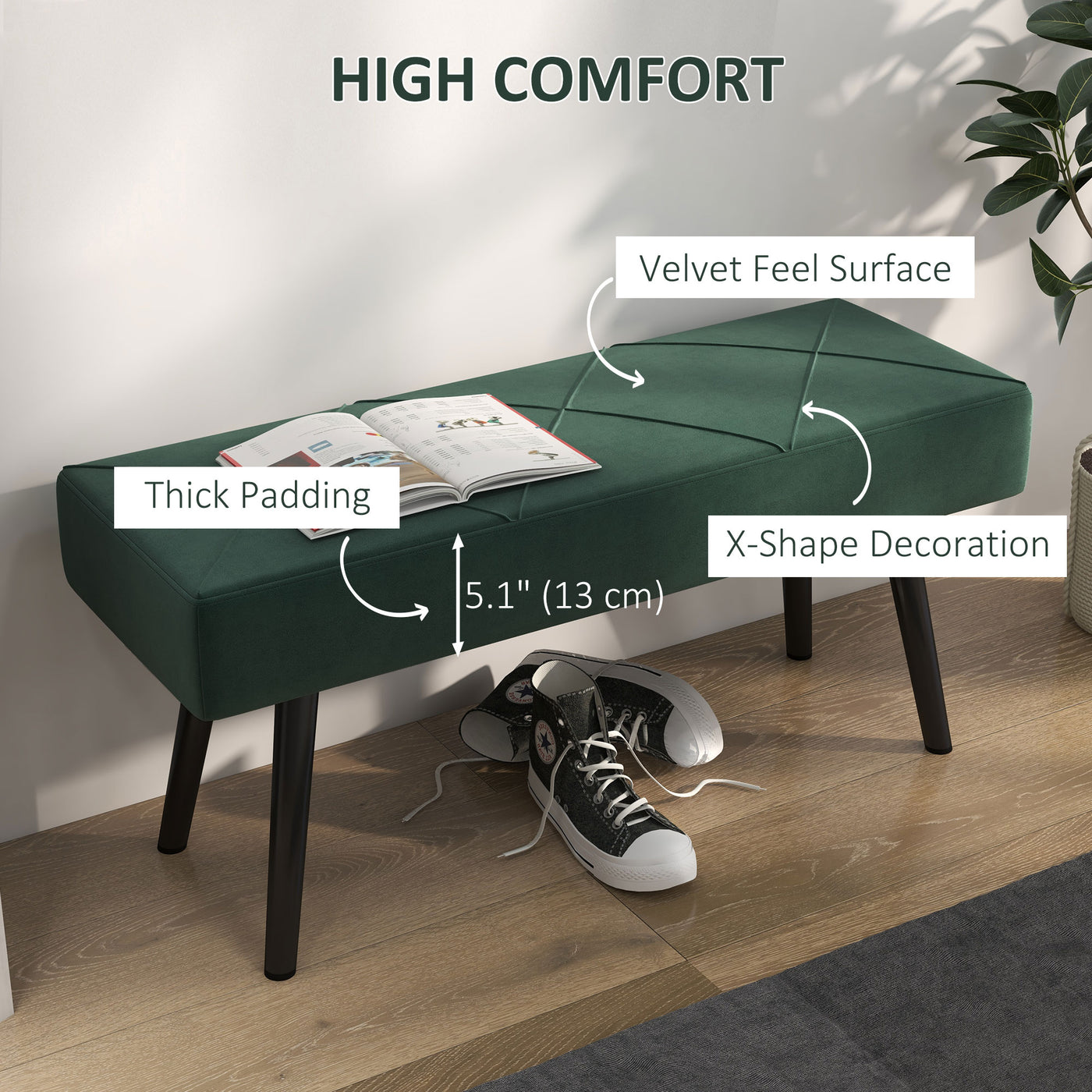 39 Inches Upholstered Bedroom Bench, Modern End of Bed Bench with Steel Legs, Green