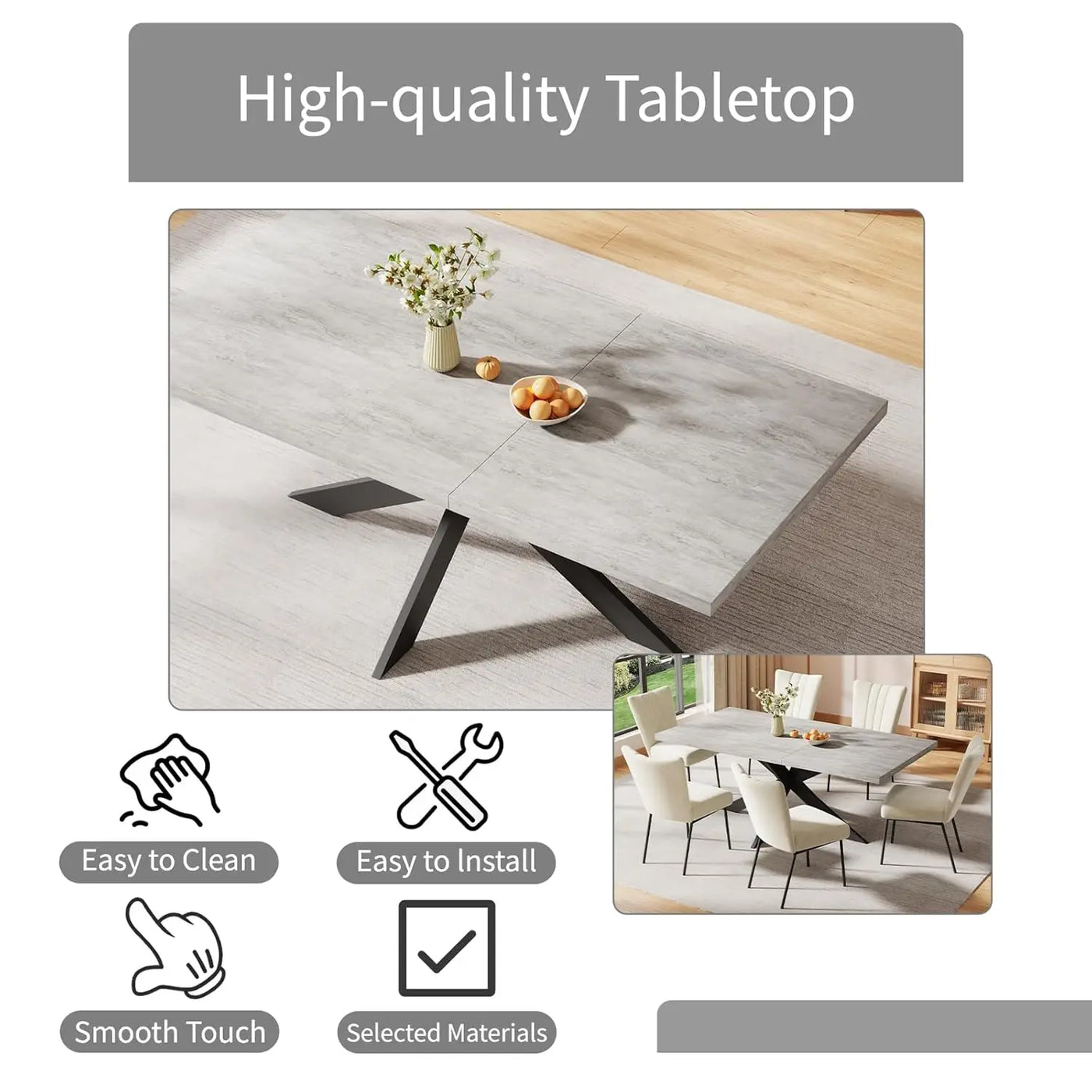 6-Piece Extendable Dining Table Set, Modern 51''–67'' Grey Wood Table with 6 Black Fabric Chairs, Dining Room Table, Customized