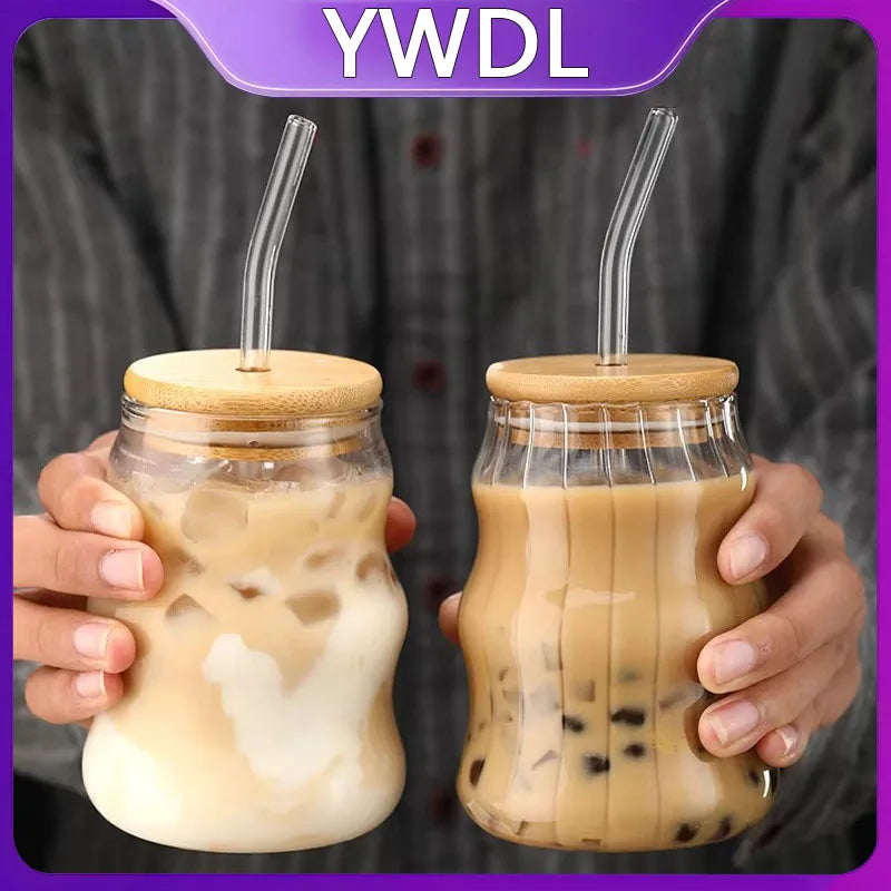 YWDL 1/2pcs 500ml Glass Tumblers Cups With Straw Mason Jar Clear Juice Coffee Milk Cup With Bamboo Lids Drinkware