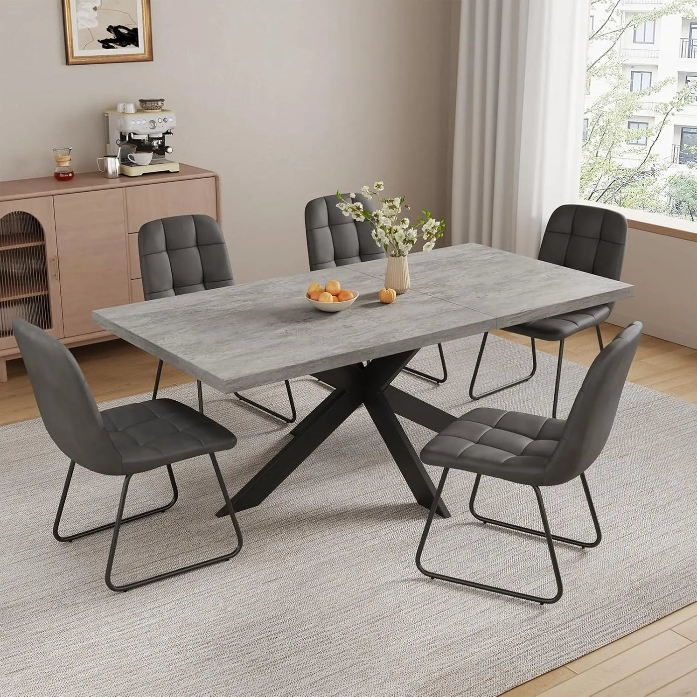 6-Piece Extendable Dining Table Set, Modern 51''–67'' Grey Wood Table with 6 Black Fabric Chairs, Dining Room Table, Customized