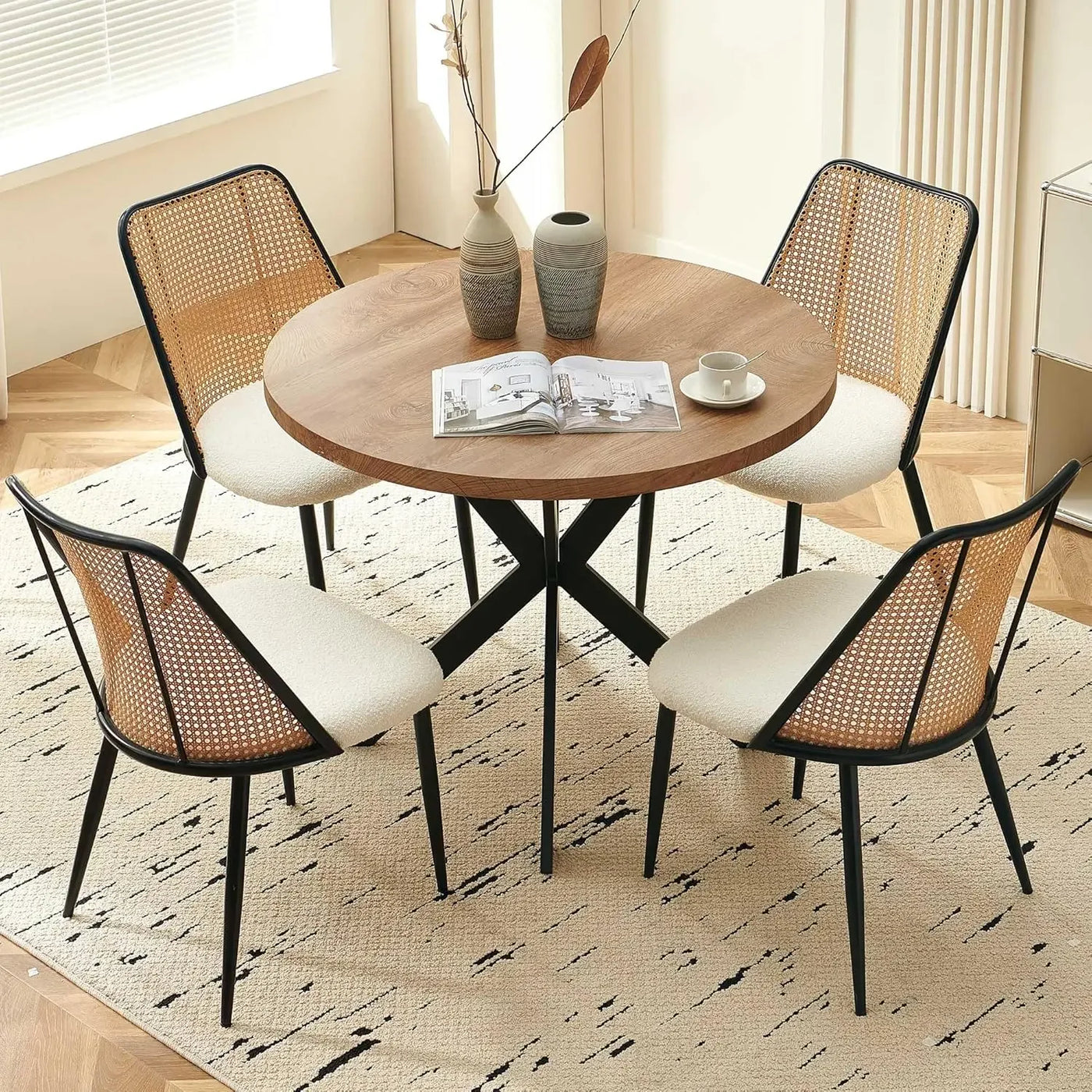 Round Dining Table with Rattan Chairs, Modern Dining Table and Chair Set with Table and 4 Upholstered Dining Chairs