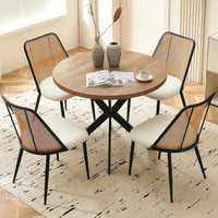 Round Dining Table with Rattan Chairs, Modern Dining Table and Chair Set with Table and 4 Upholstered Dining Chairs