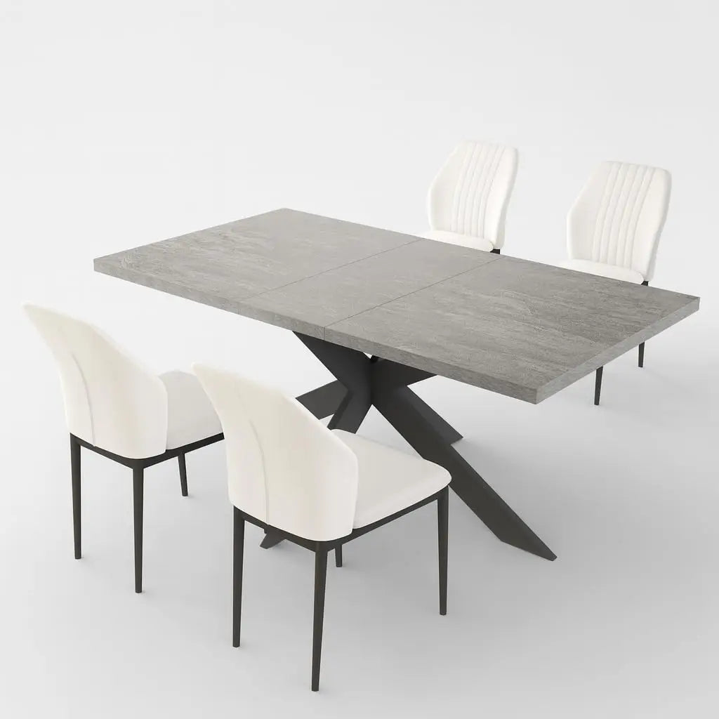 6-Piece Extendable Dining Table Set, Modern 51''–67'' Grey Wood Table with 6 Black Fabric Chairs, Dining Room Table, Customized