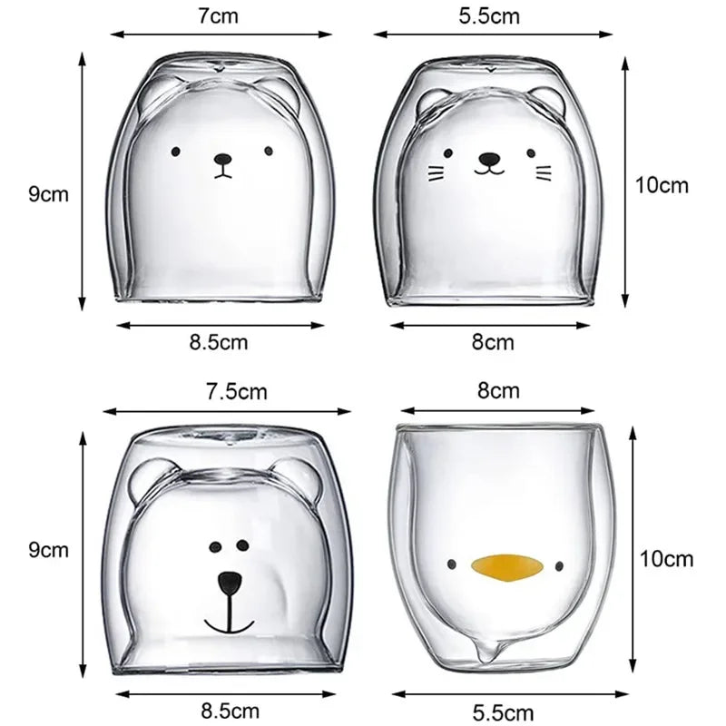 250ML Double Glass Cup Coffee Mug Bear Cat Dog Animal Transparent Cute Milk Juice Tea Drinking Cups Birthday Party Wine Glasses