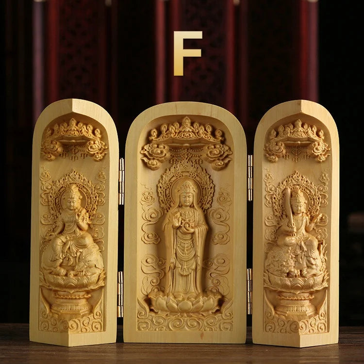 1Pc Exquisite Boxwood Carving Guanyin Buddha Statue Western Sansheng Wood Carving Crafts Home Decoration