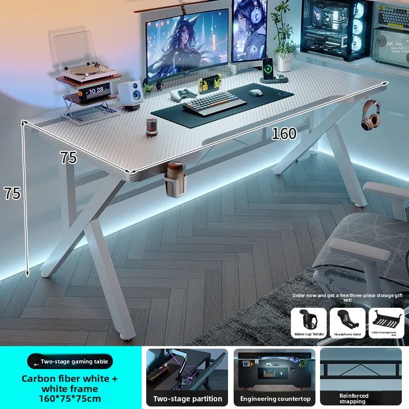Gaming Desk Two-Stage Split Plate Desktop Home Mountable Monitor Stand Carbon Fiber Textured Solid Wood Computer Desk