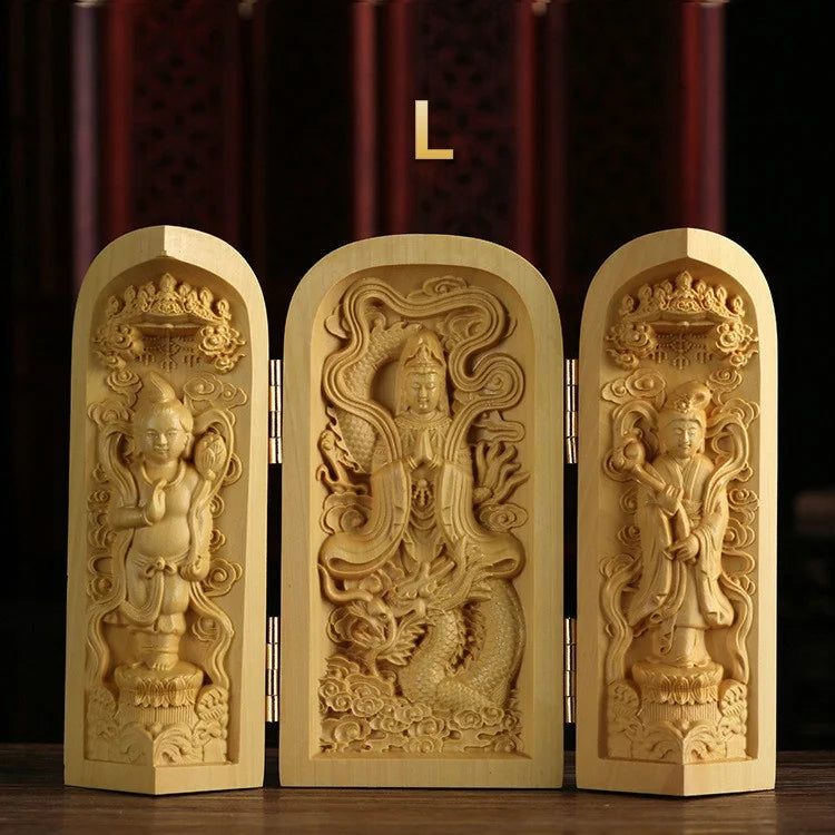 1Pc Exquisite Boxwood Carving Guanyin Buddha Statue Western Sansheng Wood Carving Crafts Home Decoration
