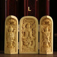 1Pc Exquisite Boxwood Carving Guanyin Buddha Statue Western Sansheng Wood Carving Crafts Home Decoration