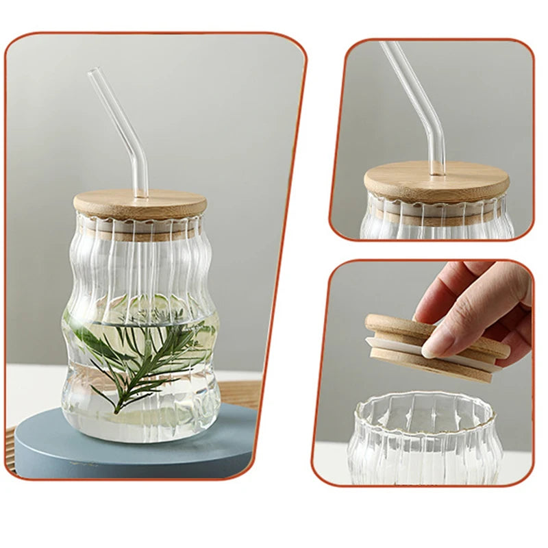 YWDL 1/2pcs 500ml Glass Tumblers Cups With Straw Mason Jar Clear Juice Coffee Milk Cup With Bamboo Lids Drinkware