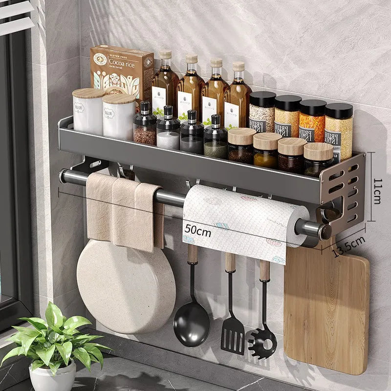 Gunmetal Kitchen Storage Rack - Space Aluminum No-Drill Wall Mounted Multi-Functional Organizer for Spices and Knives