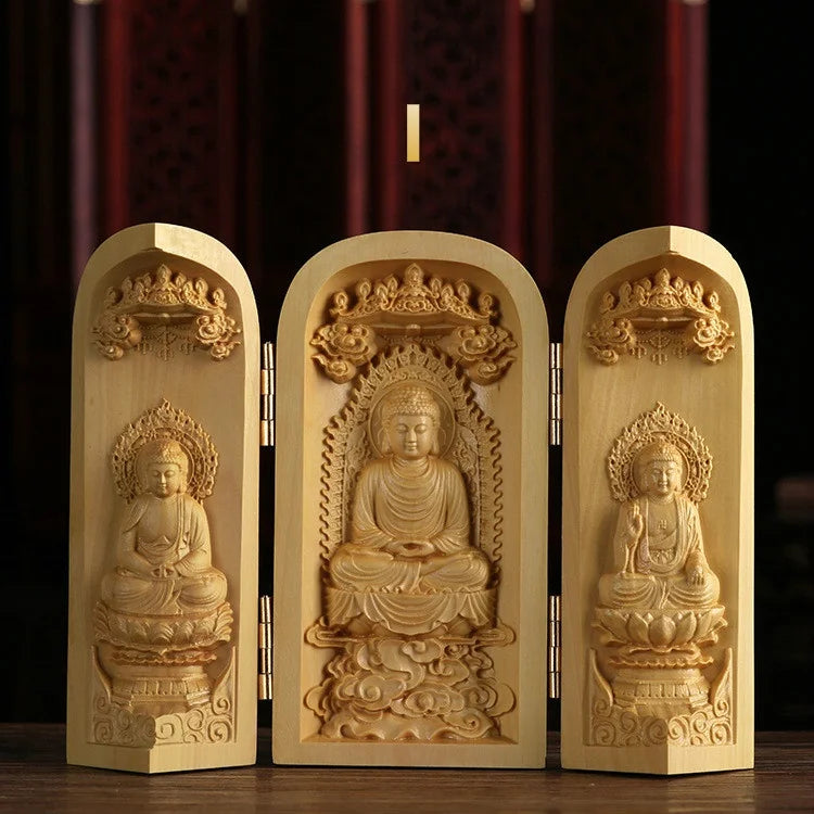 1Pc Exquisite Boxwood Carving Guanyin Buddha Statue Western Sansheng Wood Carving Crafts Home Decoration
