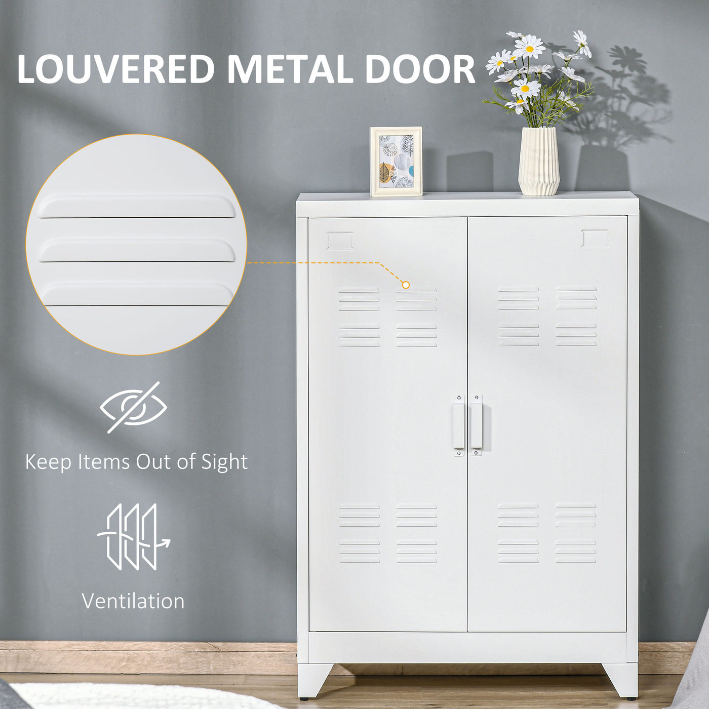 Metal Storage Cabinet, Industrial Sideboard Buffet Cabinet with 2 Louvered Doors, Adjustable Shelves, White
