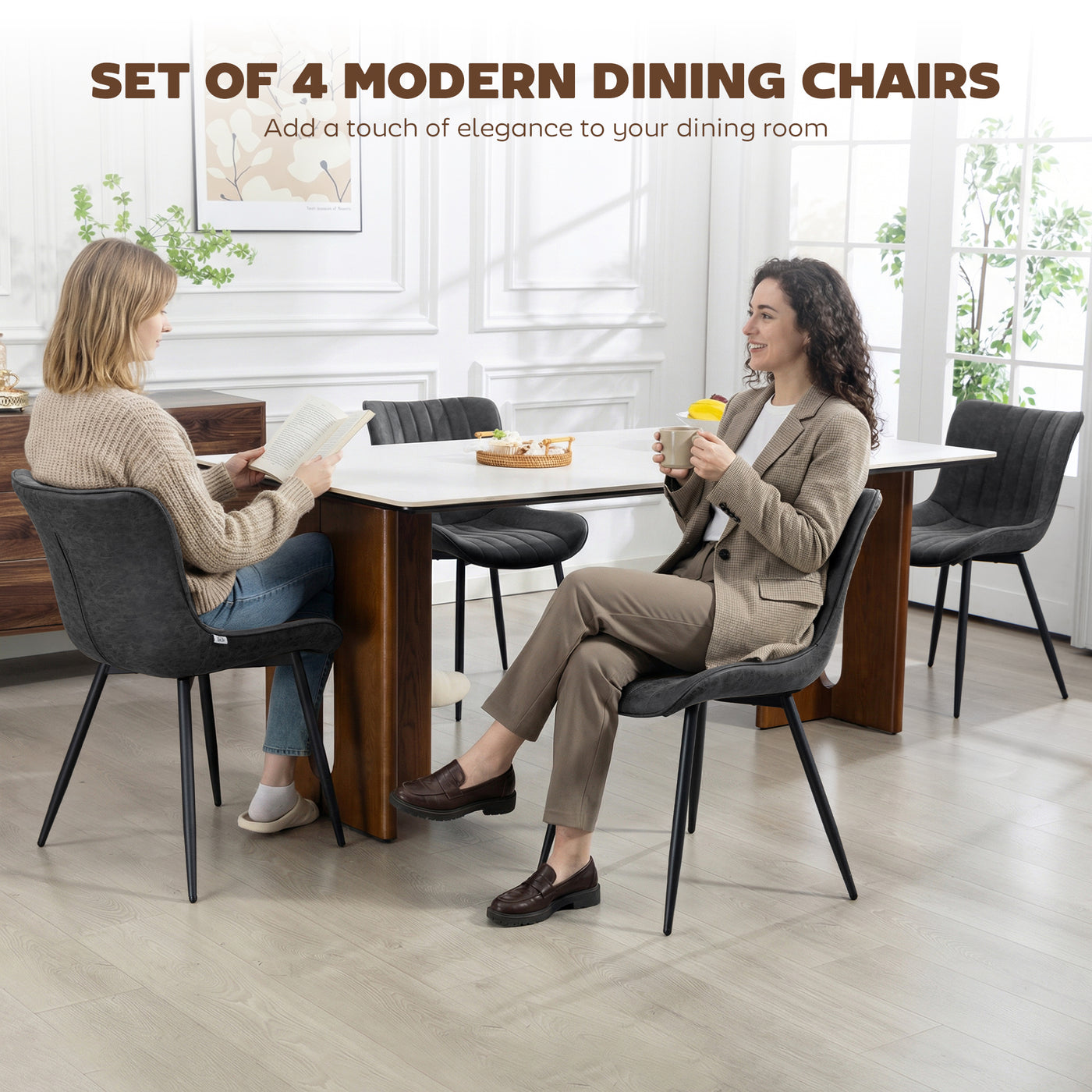 Dining Chairs Set of 4, PU Leather Upholstered Kitchen Chairs with Backrest and Steel Legs, Black