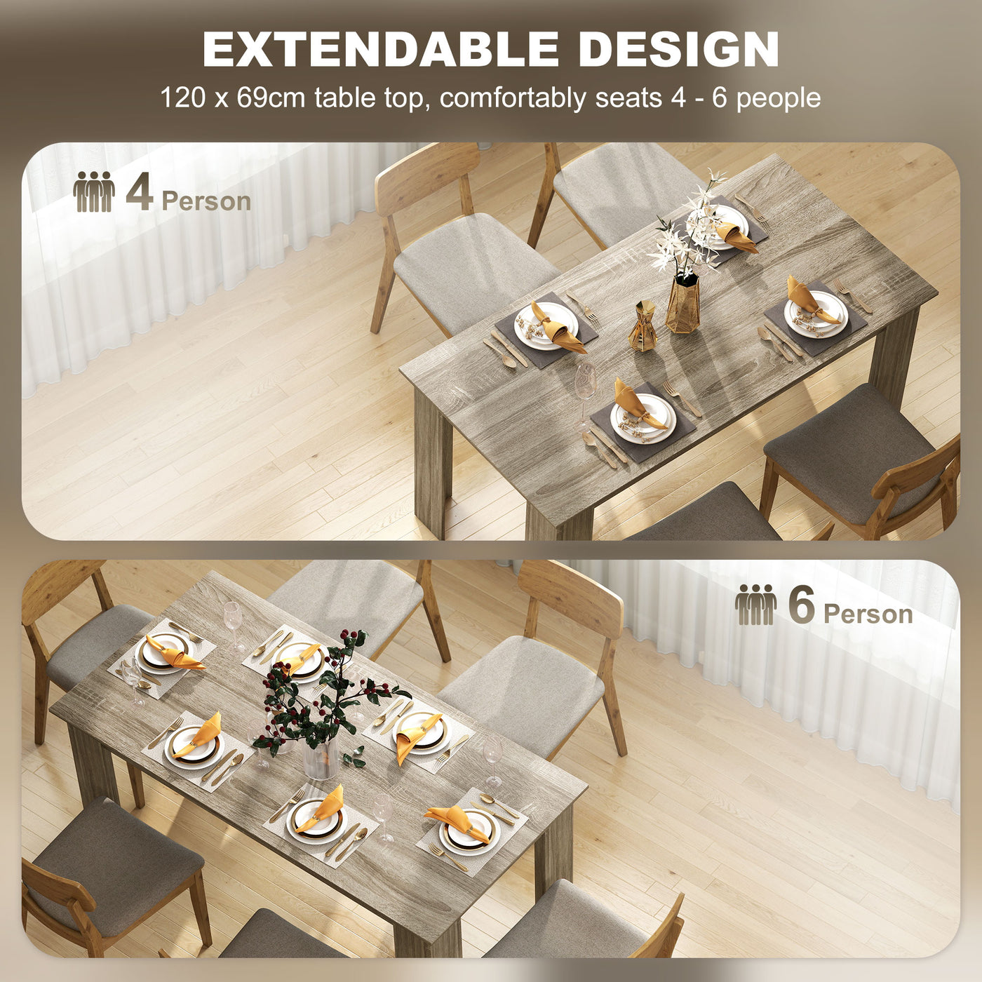63" Kitchen Table for 4-6 People, Dining Table with Wood Effect for Dining Room, Grey