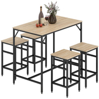 5 Pieces Industrial Rectangular Bar Table Set, Dining Table Set Breakfast Table with 4 Stools for Dining Room, Kitchen, Dinette, Oak