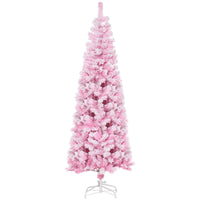 6 FT Snow Flocked Artificial Christmas Tree, Pencil Xmas Tree with Realistic Branches, Auto Open and Steel Base, Pink