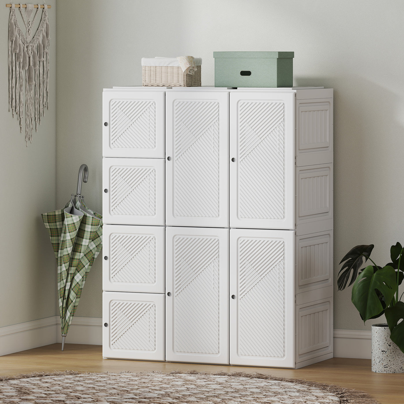 Portable Wardrobe, Foldable Plastic with 8 Compartments, 2 Hanging Rods and Magnetic Doors, White