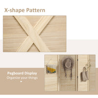 4.7' 4 Panel Wooden Room Divider with Pegboard Display, Folding Privacy Screen for Home Office, Natural