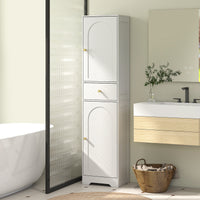 67" Tall Bathroom Cabinet, Slim Bathroom Storage Cabinet with 2 Doors, Drawer and Adjustable Shelf, White Wood Grain