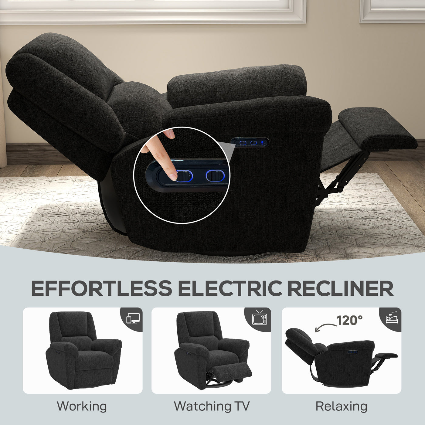 Power Recliner Chair, Fabric Upholstered Recliner Chair with USB Ports, Swivel and Rocking Function, Footrest, Black