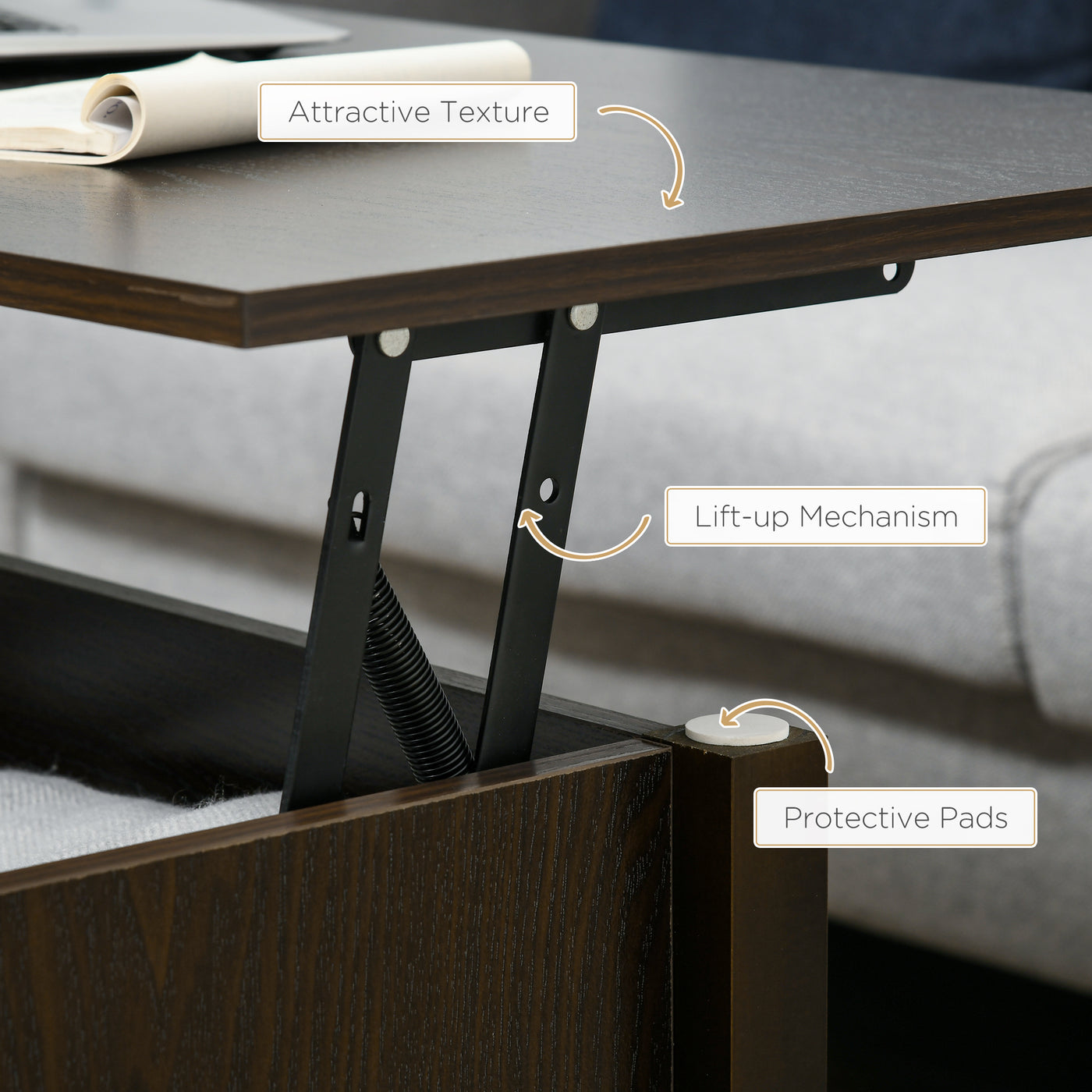Lift Top Coffee Table, Modern Center Table with Storage Shelves and Hidden Compartment for Living Room, 41" L, Espresso