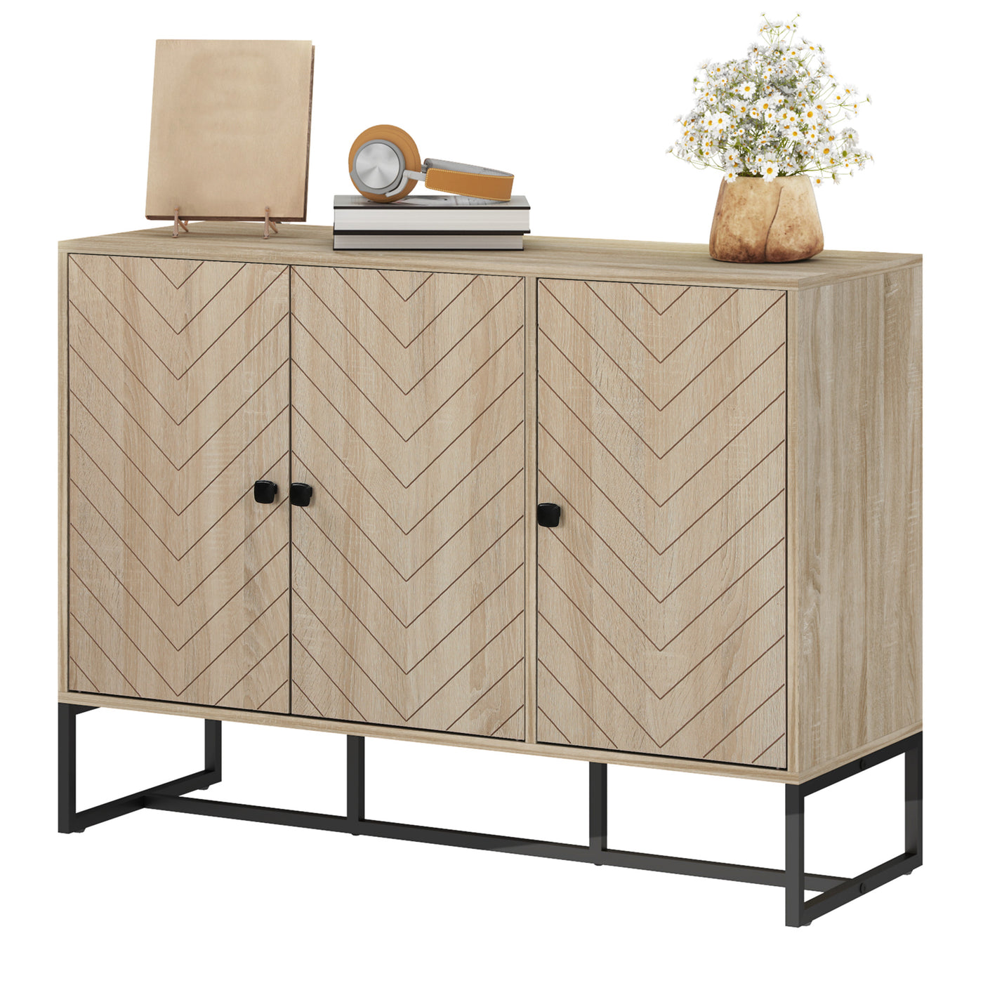 Modern Sideboard, Buffet Cabinet with Adjustable Shelves, 3 Chevron Doors for Living Room, Hallway, Oak Wood Grain