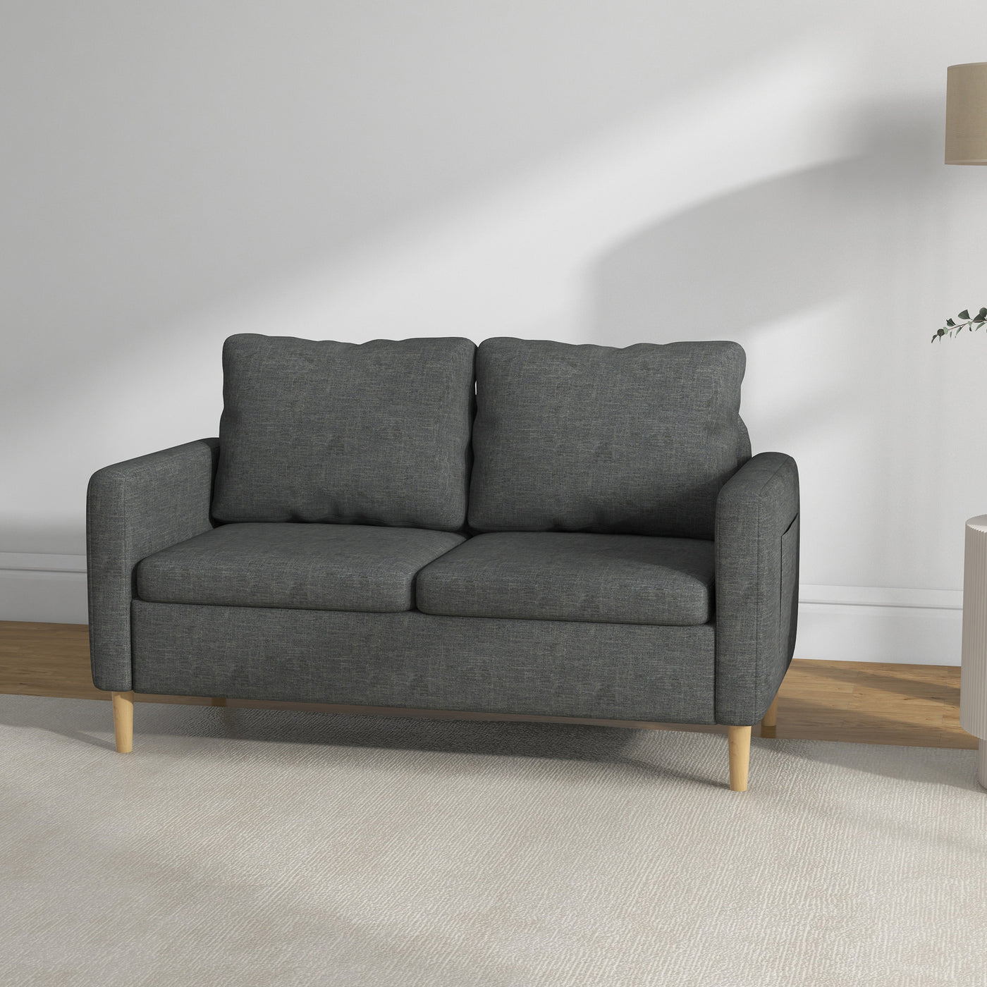 56" 2 Seat Sofa, Modern Love Seats Furniture, Upholstered 2 Seater Couch with Side Pockets, Solid Wood Frame, Grey