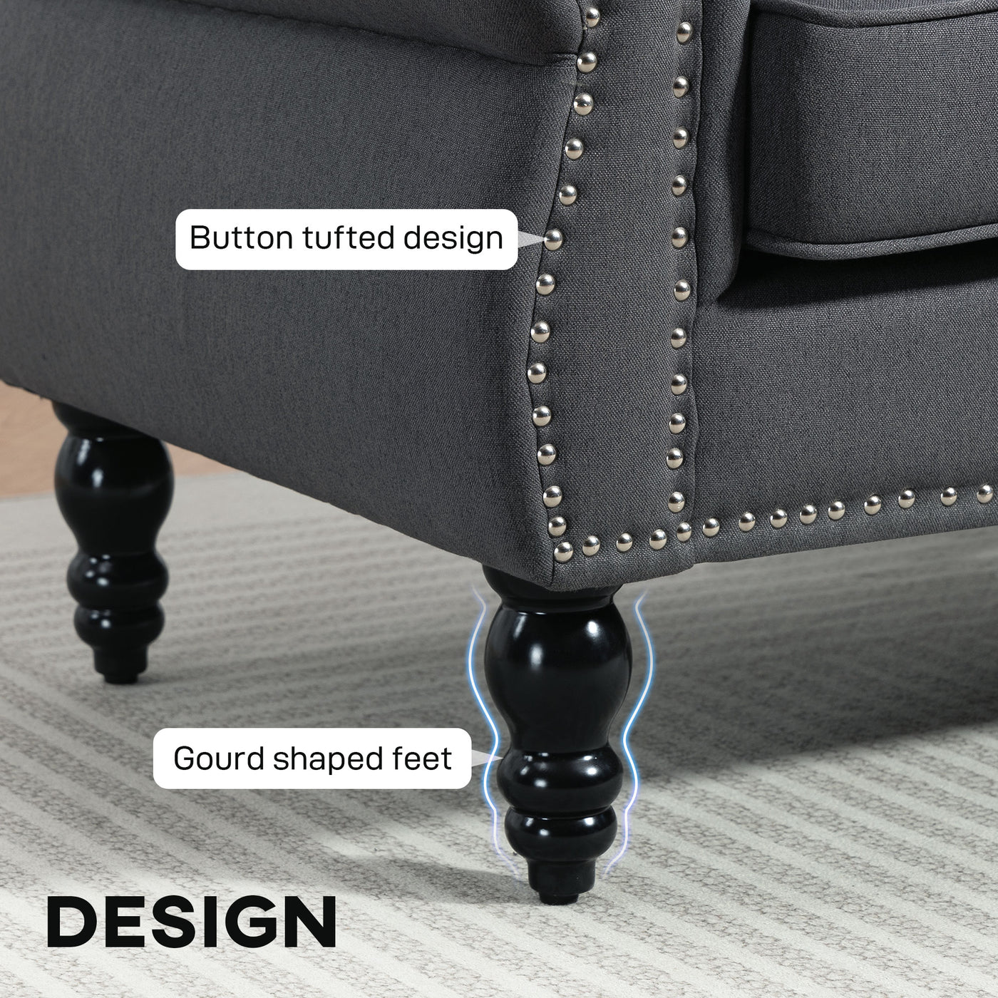 Stylish Midback Double Sofa with Sponge Padding, 2 Seater Sofa Couch, with Rubber Wood Leg, Dark Grey