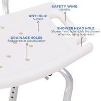 Bath Chair with Back, Adjustable Height Non-slip Shower Stool Bench Tool-Free Assembly Bathroom Aids, White