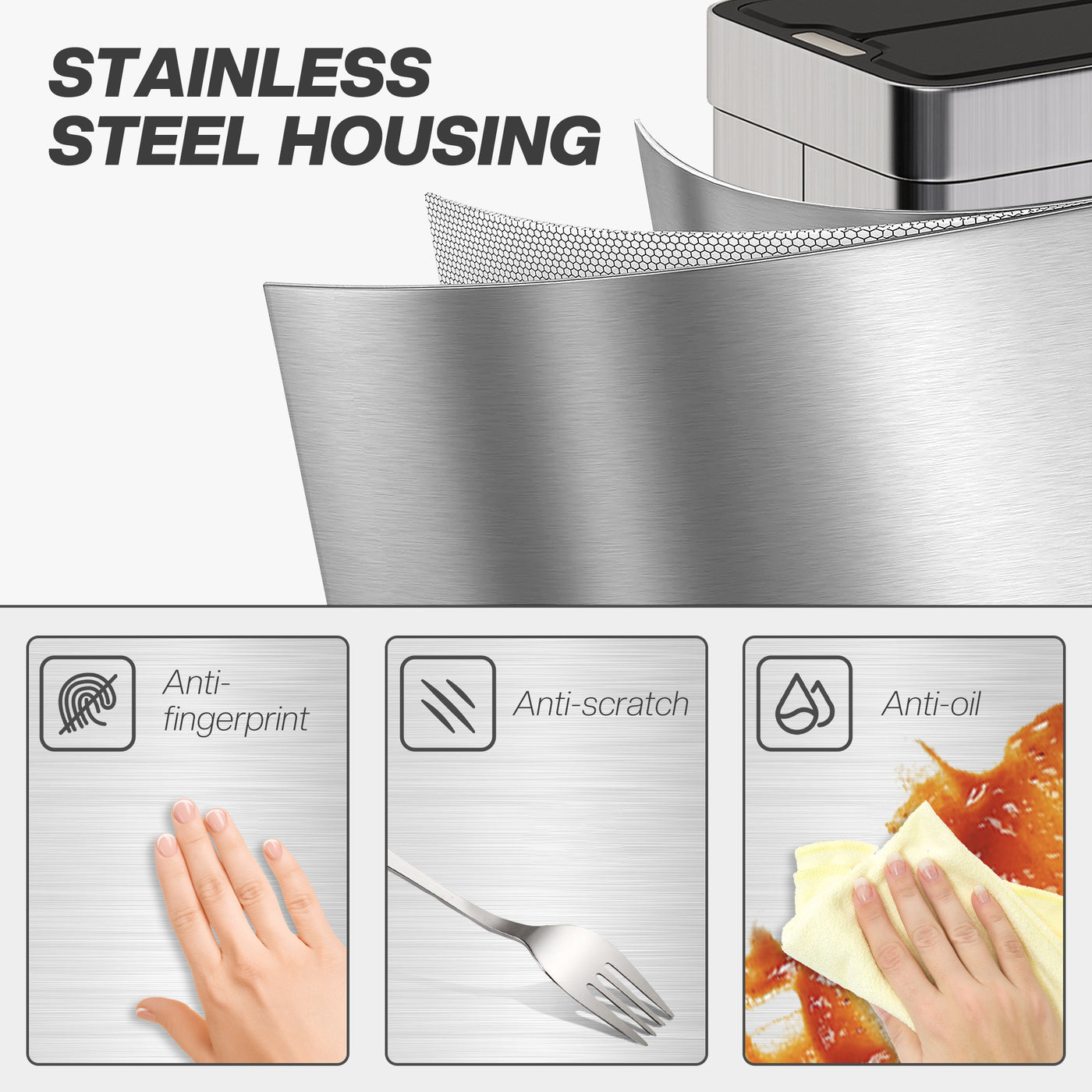 13.2 Gallon (50 L) Sensor Can, Garbage Can with Soft-Close Butterfly Lid, Fingerprint-Proof Stainless Steel, Silver