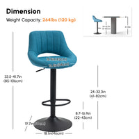 Bar Stools Set of 2, Swivel Counter Height Barstools with Adjustable Height, Linen Upholstered Bar Chairs with Round Metal Base and Footrest, Blue
