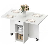 Folding Dining Table with Storage, Drop Leaf Kitchen Table with Drawer and Shelves for Small Spaces, White