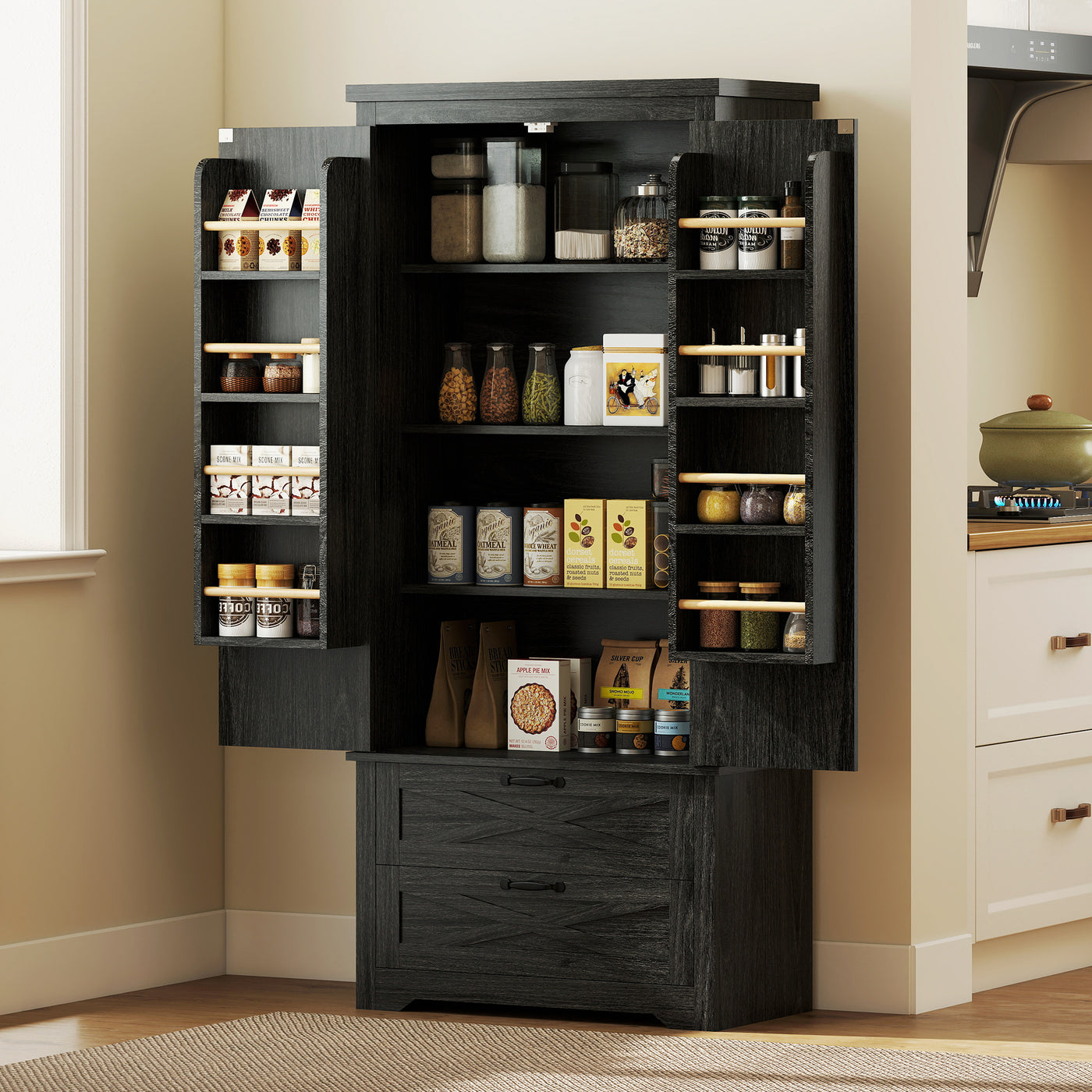 Farmhouse Kitchen Pantry Storage Cabinet, 64" Freestanding Kitchen Pantry Cabinet with Drawers, Distressed Black