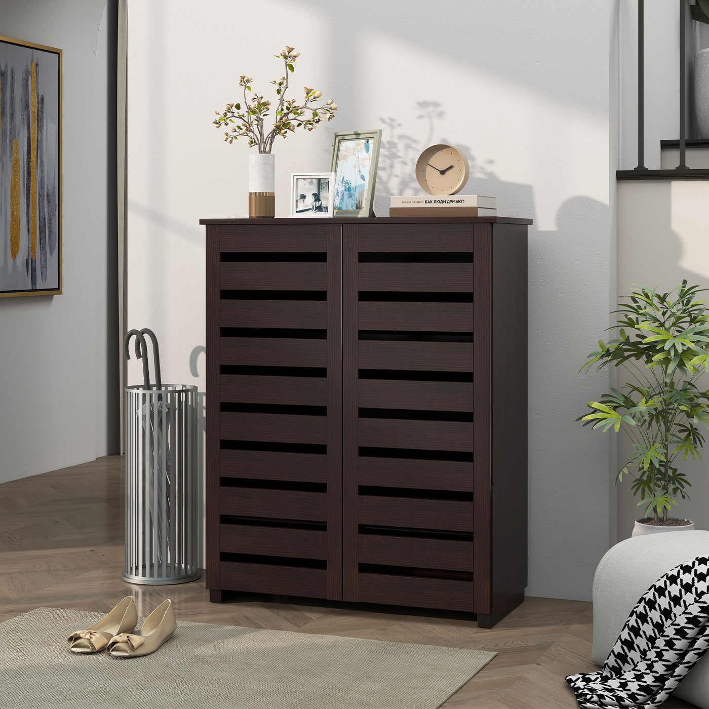 Narrow Shoe Cabinet with 2 Slatted Doors, Modern Shoe Storage Cabinet with Adjustable Shelves for Entryway, Hallway, Living Room, Holds 15 Pairs, Dark Brown