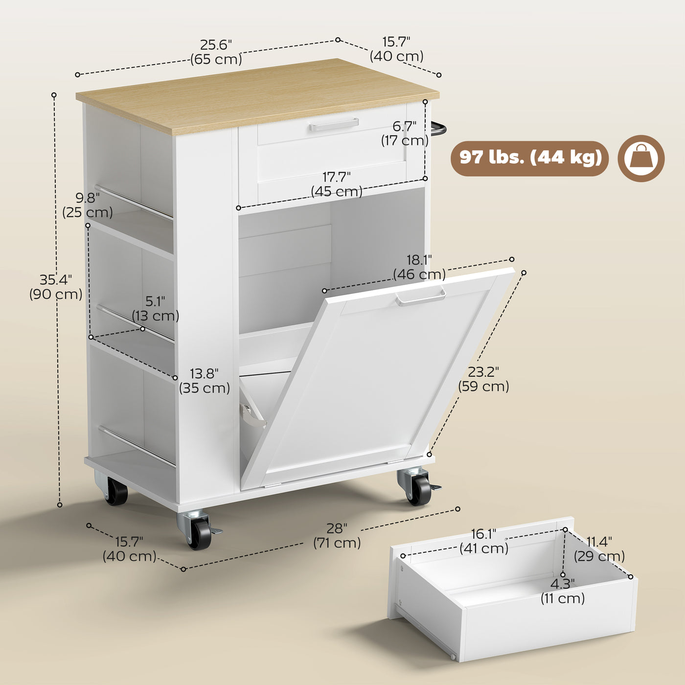 Rolling Kitchen Island with Trash Can Storage, Kitchen Island on Wheels with Spice & Rack, Drawer for Kitchen, White